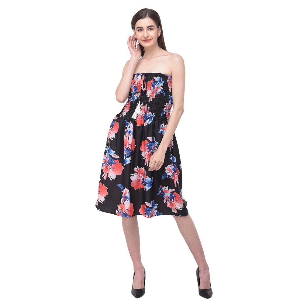Floral Print Black Polyester Tube Dress for Women